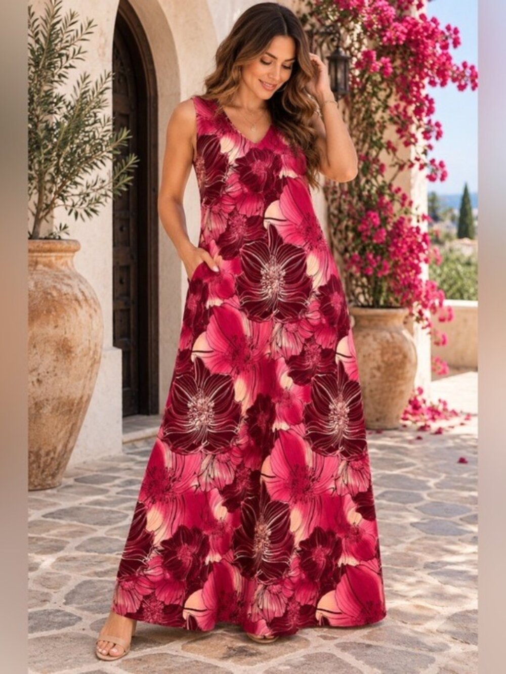 Chico’s Floral Maxi Dress Size 3 Boho Resort Vacation Garden Party Stretch XL